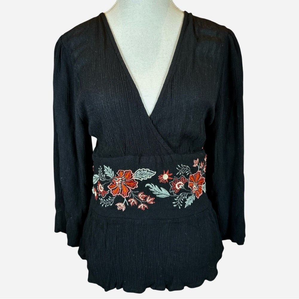 Floral Embroidered Black Blouse